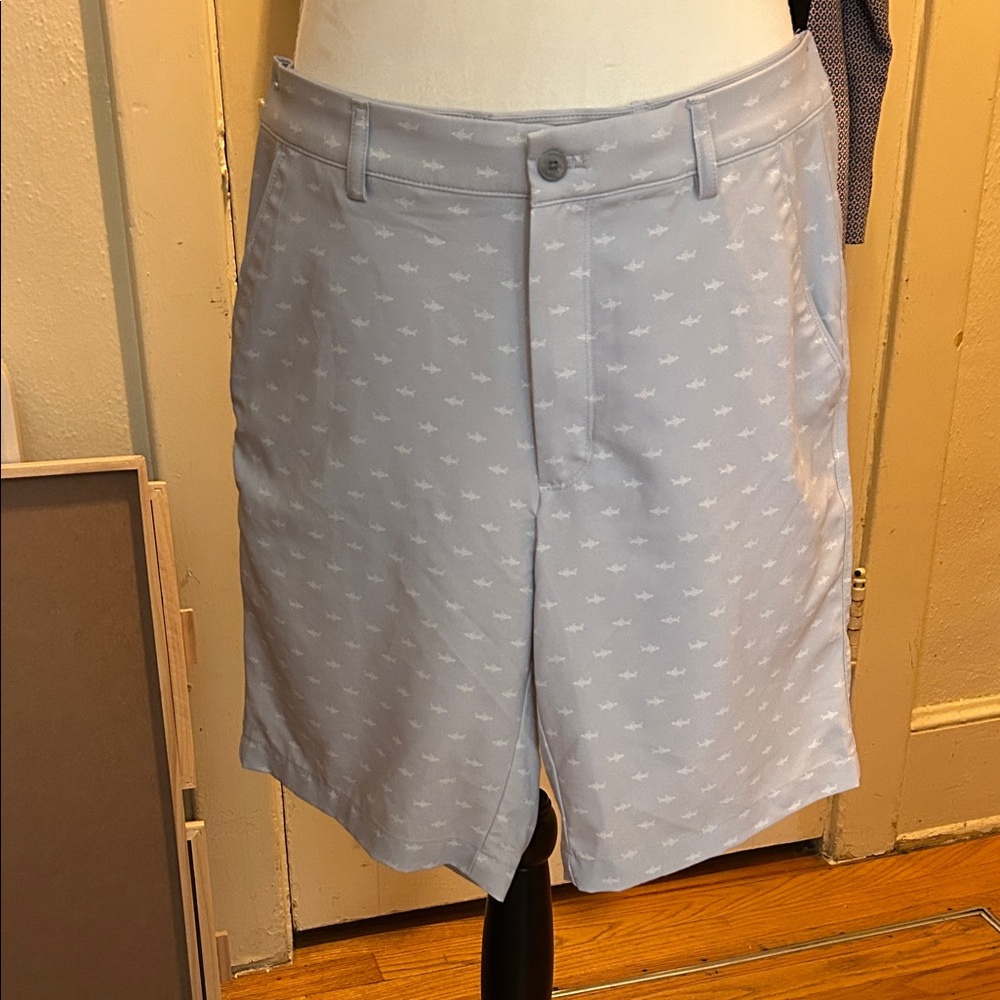 Greg Norman Men's Light Blue Shark Patterned Golf Shorts.